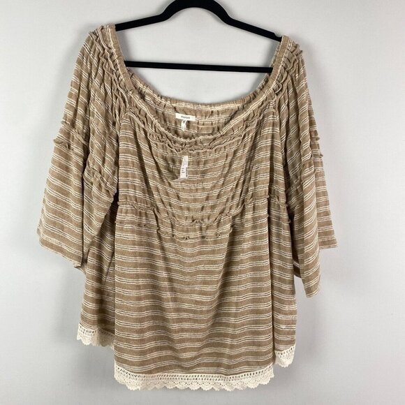 Maurices Off the Shoulder Top Size 2X Tan Stripe 3/4 Sleeves Crochet Trim - Picture 1 of 11